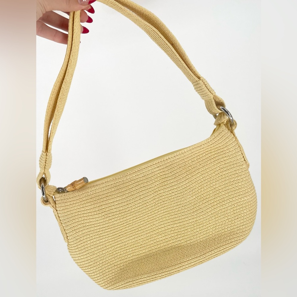 Y2K Talbots Pale Yellow Woven Paper Shoulder Bag With Bamboo Zipper Pull